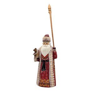 Wood Craved Russian Santa with Staff 7'' Signed Hand Craved Painted